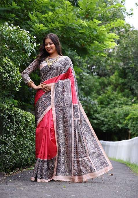 Red Embroidered Blended Saree Set for Diwali and Festive Wear