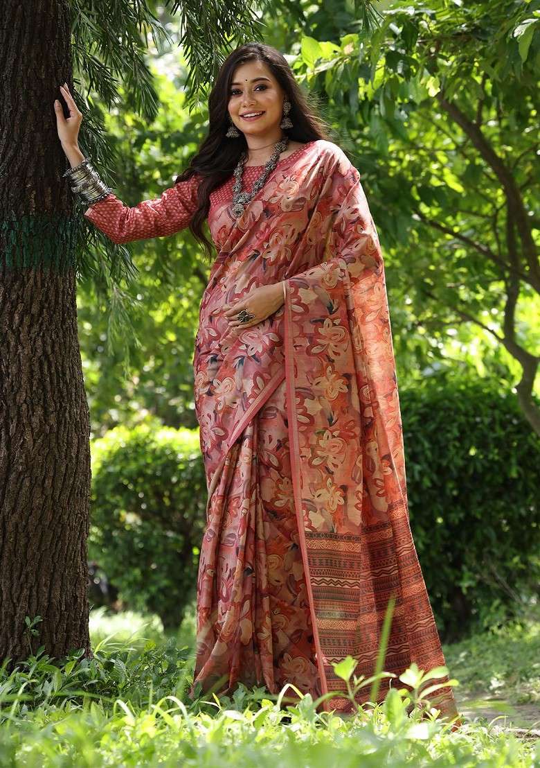 Peach Embroidered Blended Saree Set for Diwali and Festive Wear - Indya