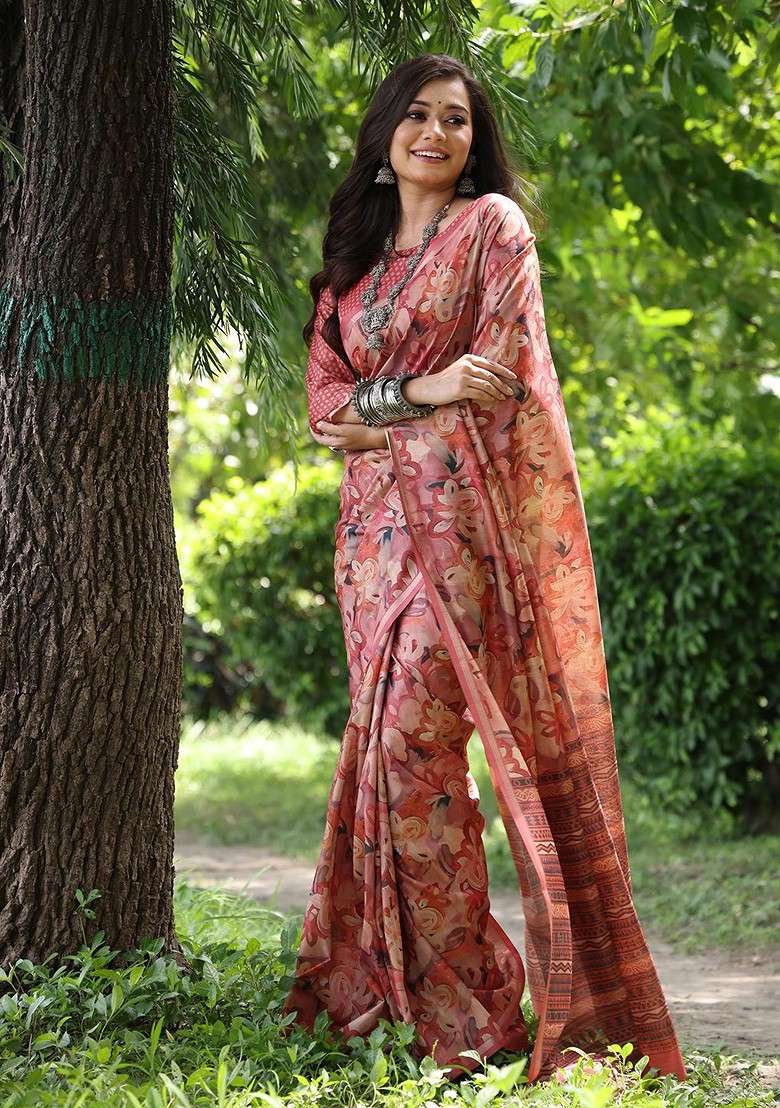 Peach Embroidered Blended Saree Set for Diwali and Festive Wear - Indya
