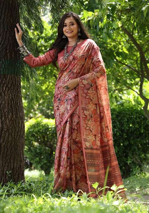 Peach Embroidered Blended Saree Set for Diwali and Festive Wear