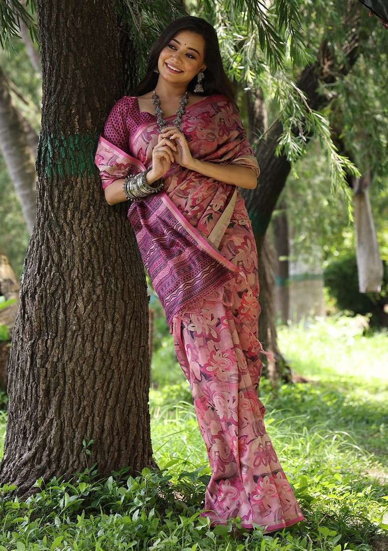 Pink Zari Blended Saree Set with Printed for Diwali | Wedding & Festive Wear - Indya