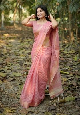 Pink Zari Printed Blended Saree Set