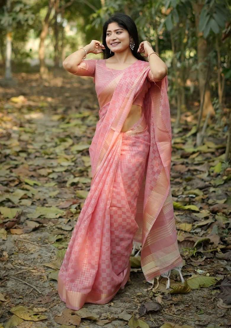 Pink Zari Blended Saree Set with Printed for Diwali | Wedding & Festive Wear - Indya