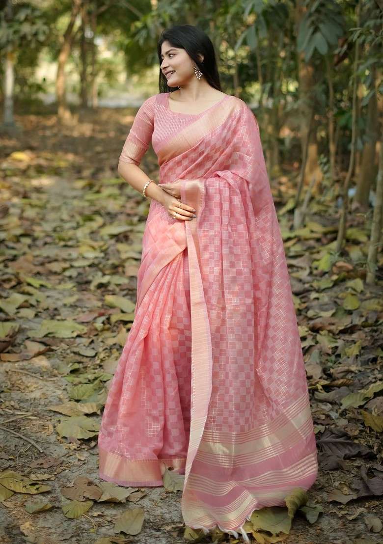 Pink Zari Blended Saree Set with Printed for Diwali | Wedding & Festive Wear - Indya