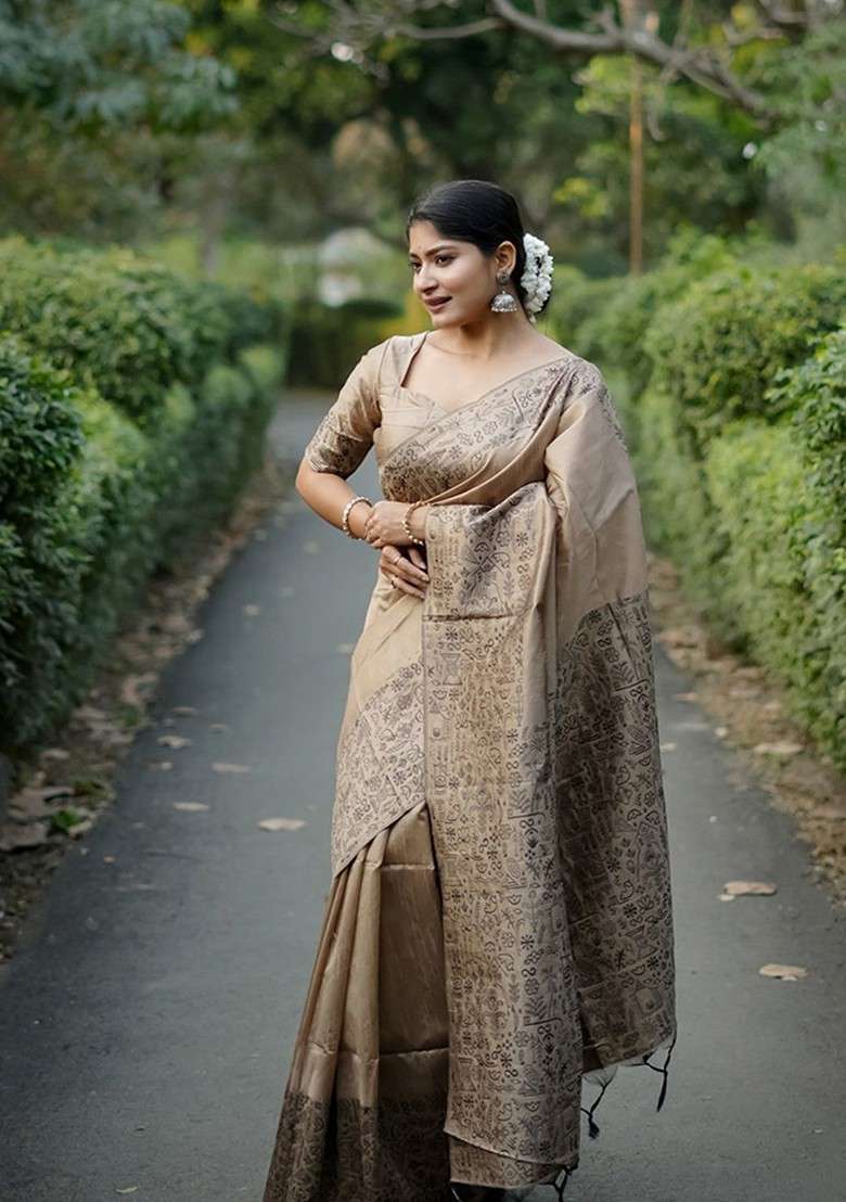 Beige Blended Saree Set with Embroidered for Diwali | Wedding & Festive Wear - Indya
