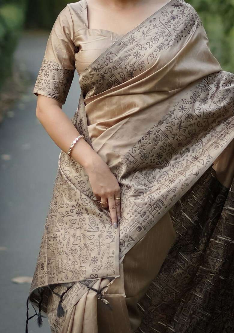 Beige Embroidered Blended Saree Set - Indya