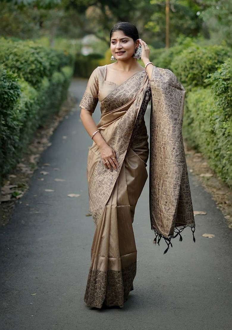 Beige Blended Saree Set with Embroidered for Diwali | Wedding & Festive Wear - Indya