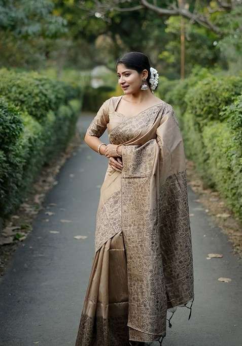 Beige Blended Saree Set with Embroidered for Diwali | Wedding & Festive Wear