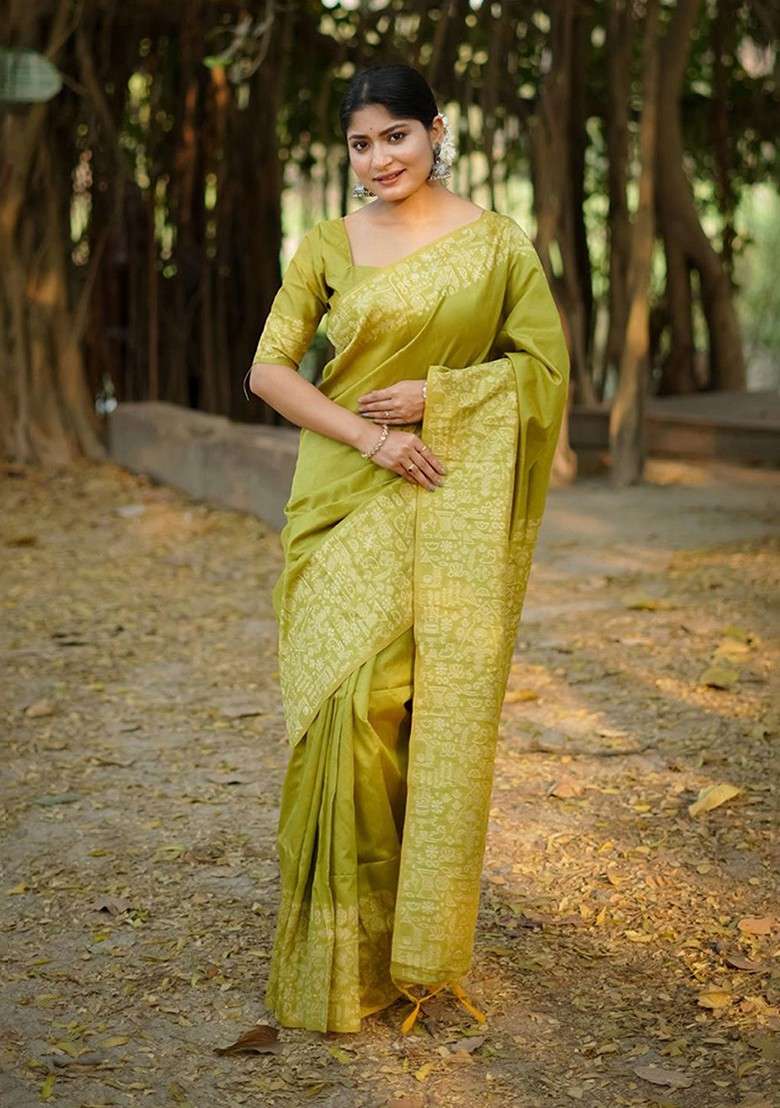 Olive Blended Saree Set with Embroidered for Diwali | Wedding & Festive Wear - Indya
