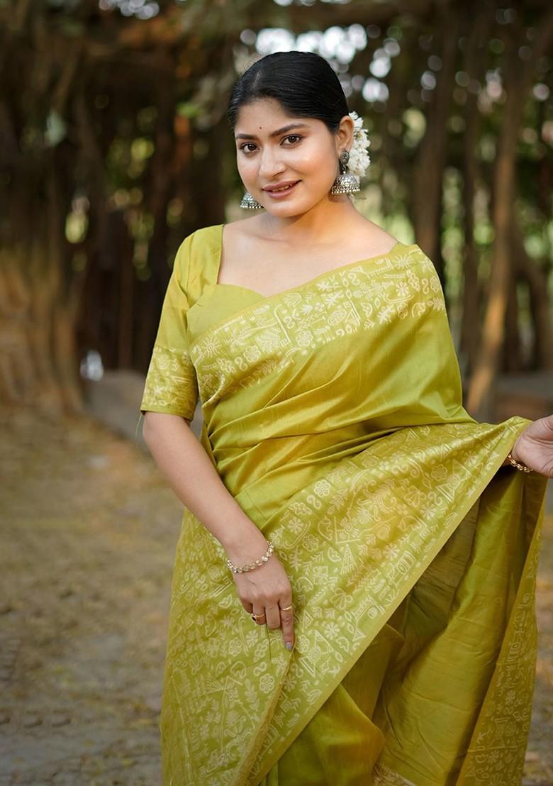 Olive Embroidered Blended Saree Set - Indya