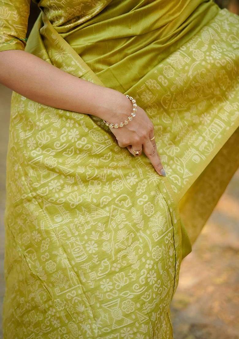 Olive Blended Saree Set with Embroidered for Diwali | Wedding & Festive Wear - Indya