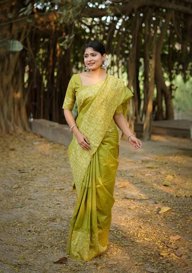 Olive Embroidered Blended Saree Set - Indya