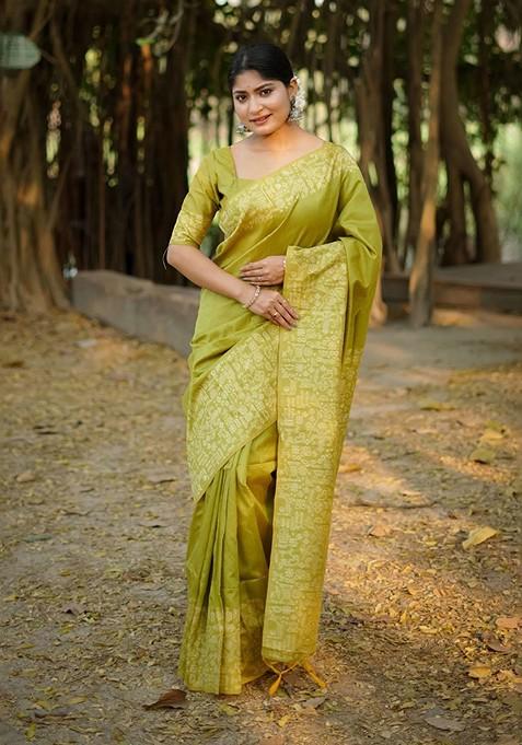 Olive Embroidered Blended Saree Set