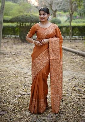 Orange Embroidered Blended Saree Set