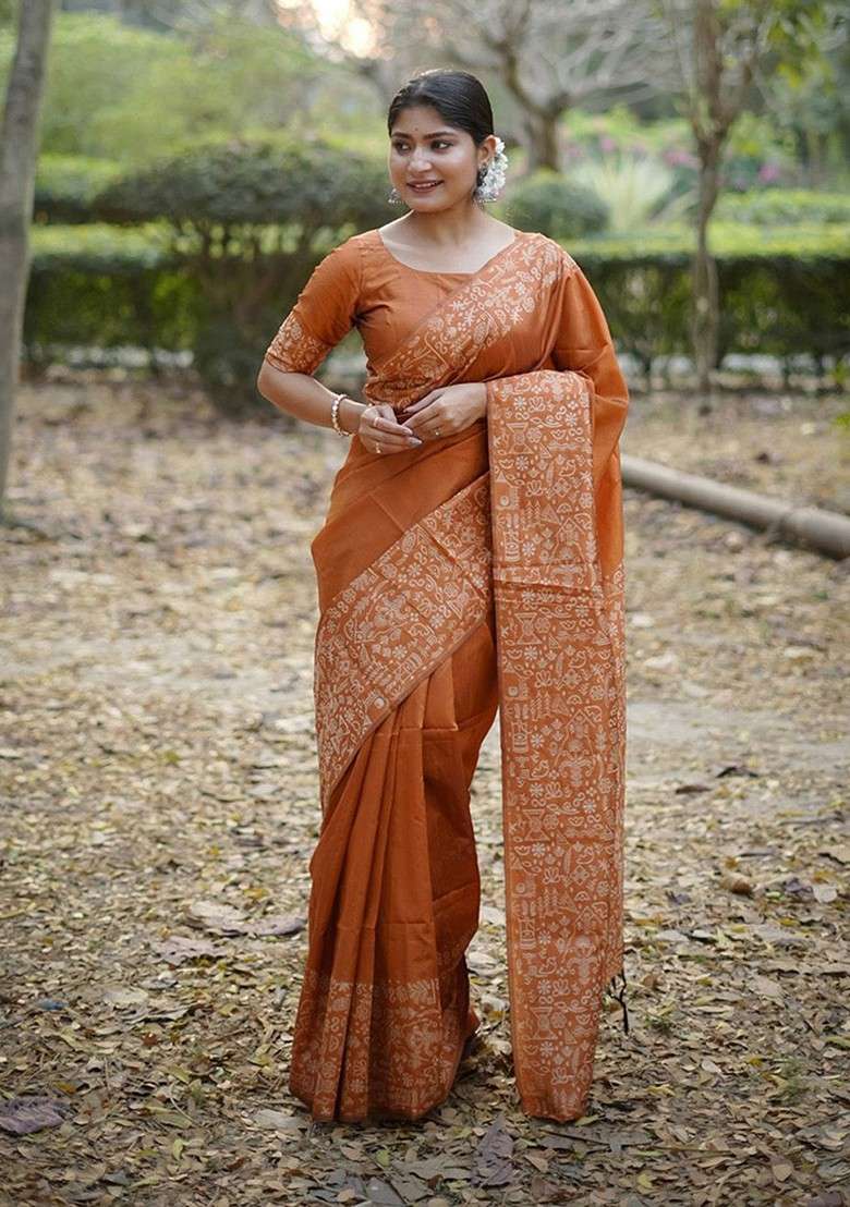Orange Embroidered Blended Saree Set for Diwali and Festive Wear - Indya