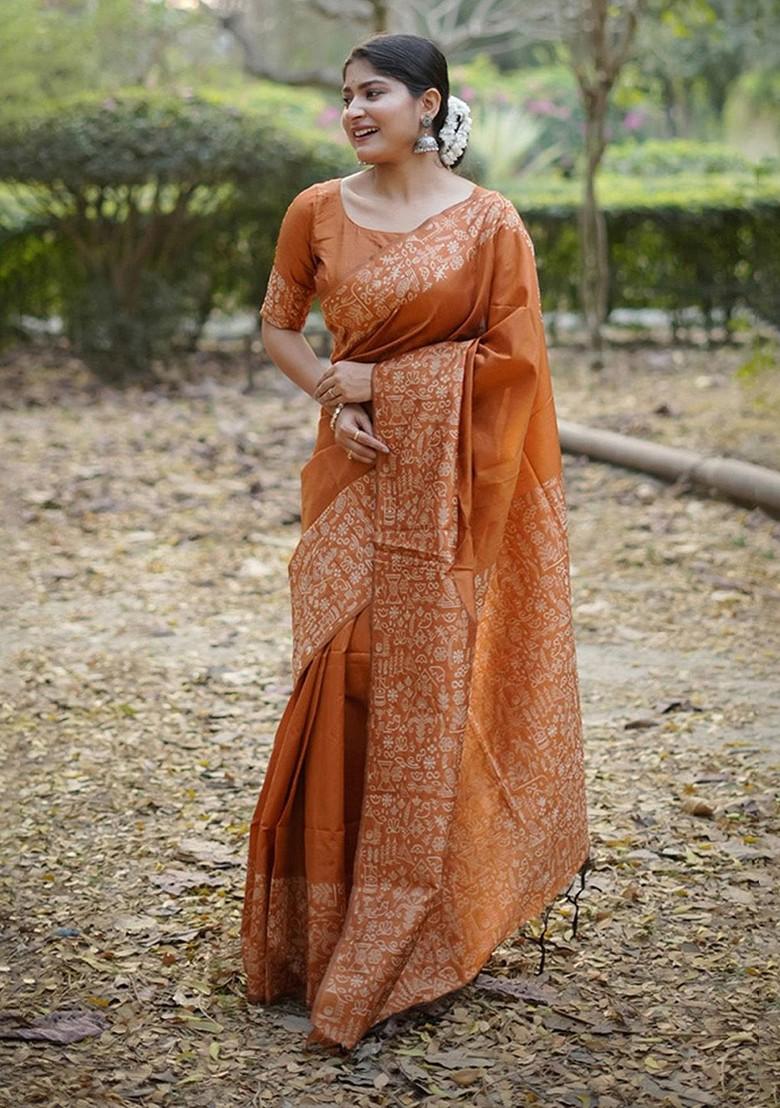 Orange Embroidered Blended Saree Set - Indya