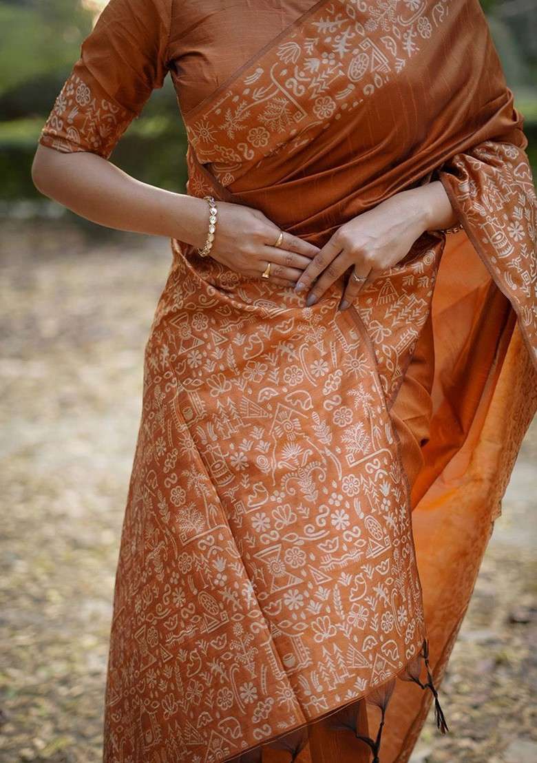 Orange Embroidered Blended Saree Set for Diwali and Festive Wear - Indya