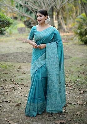 Blue Embroidered Blended Saree Set