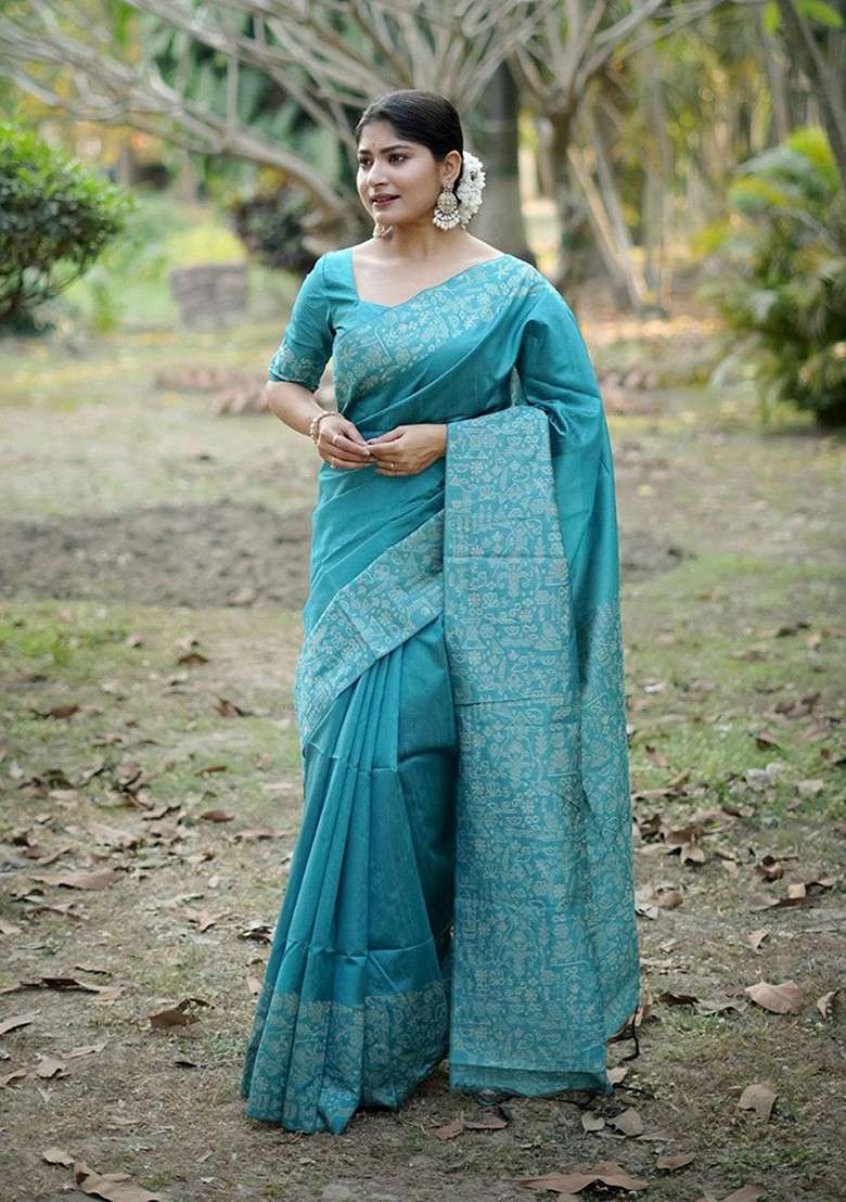 Blue Embroidered Blended Saree Set for Diwali and Festive Wear - Indya