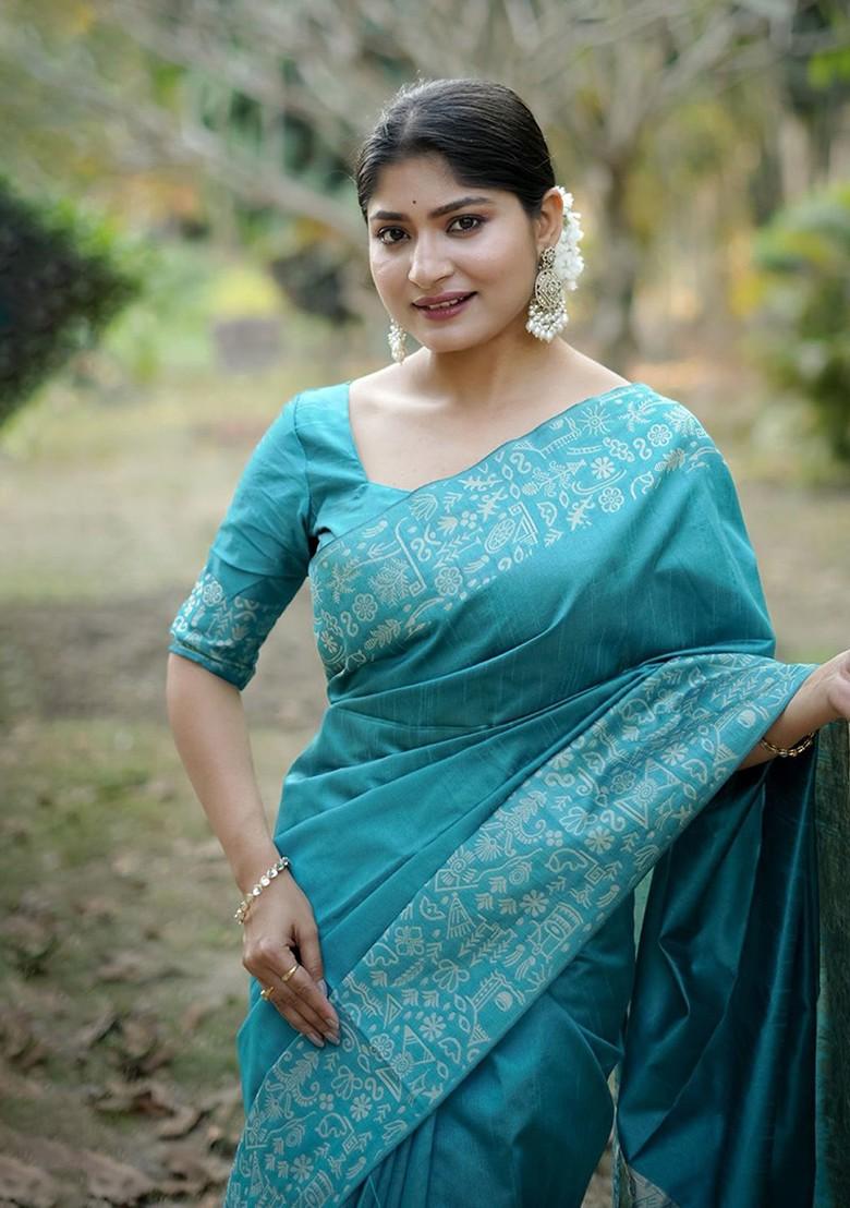 Blue Embroidered Blended Saree Set - Indya