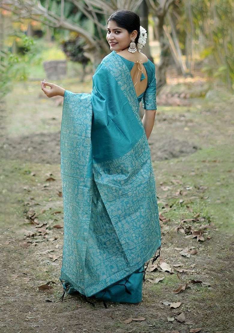 Blue Embroidered Blended Saree Set for Diwali and Festive Wear - Indya