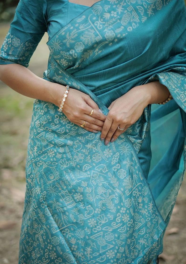 Blue Embroidered Blended Saree Set - Indya