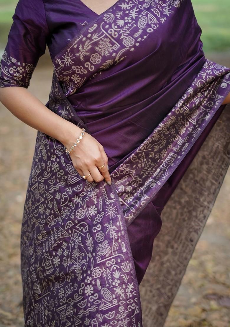 Purple Embroidered Blended Saree Set - Indya