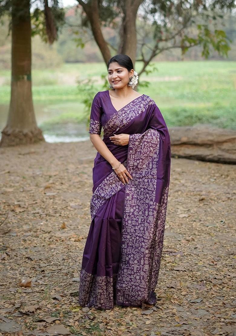 Purple Embroidered Blended Saree Set - Indya