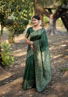 Green Embroidered Blended Saree Set
