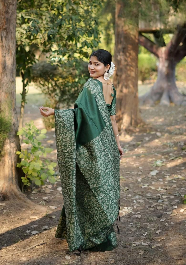 Green Embroidered Blended Saree Set - Indya