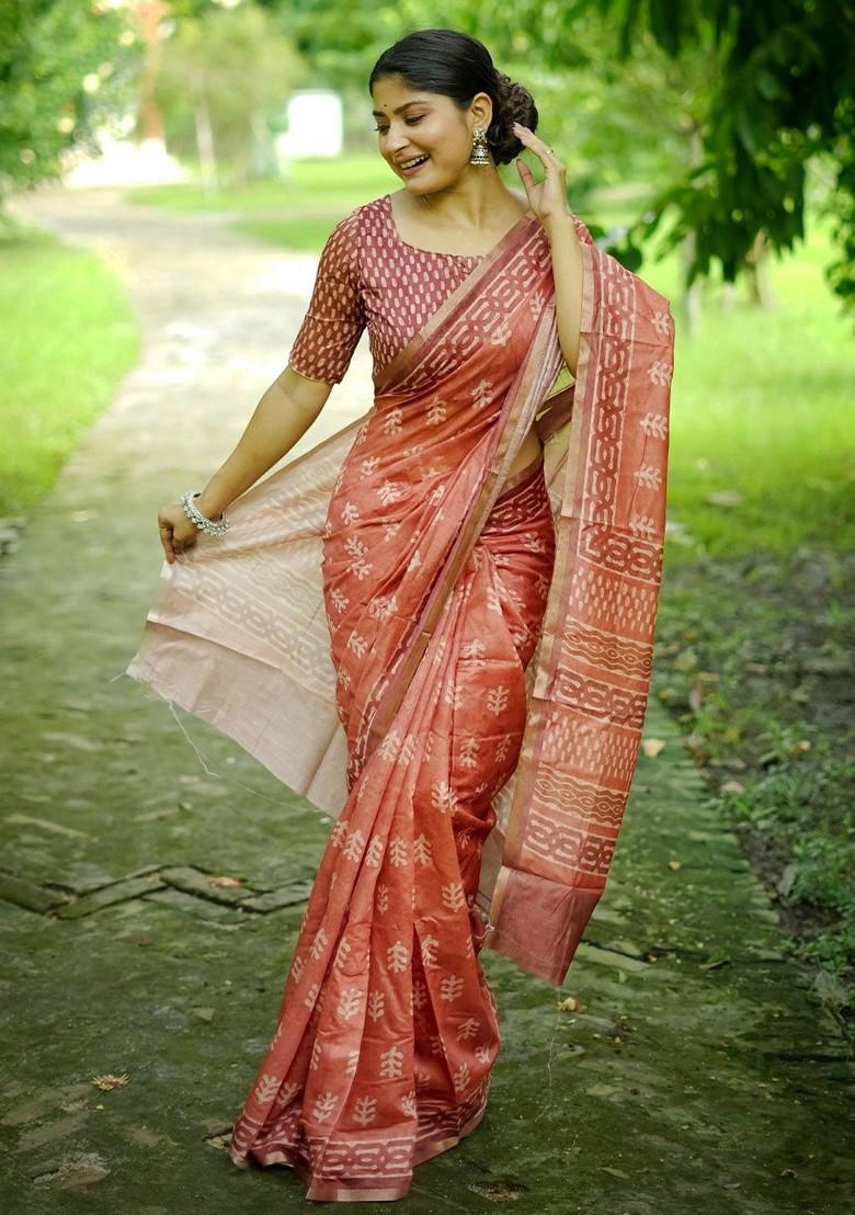 Orange Printed Blended Saree Set - Indya