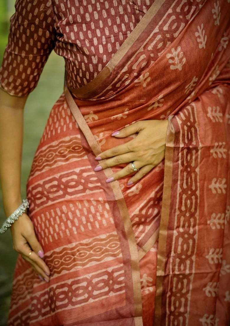 Orange Blended Saree Set with Printed for Diwali | Wedding & Festive Wear - Indya