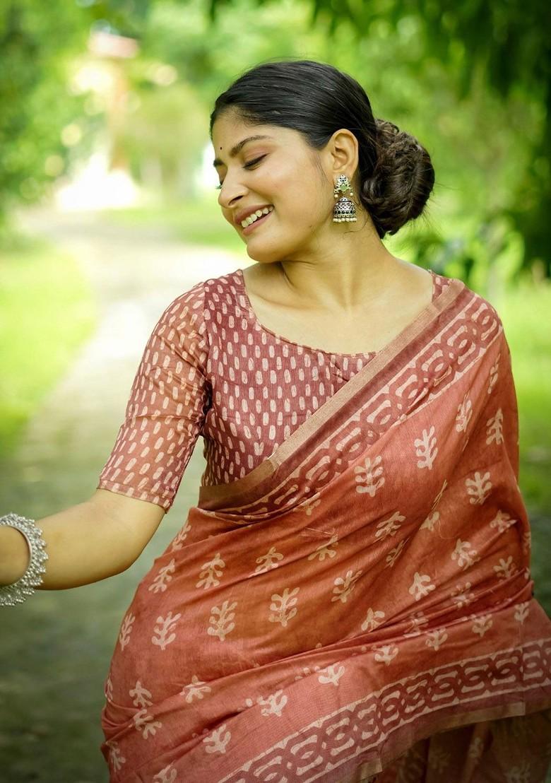 Orange Printed Blended Saree Set - Indya