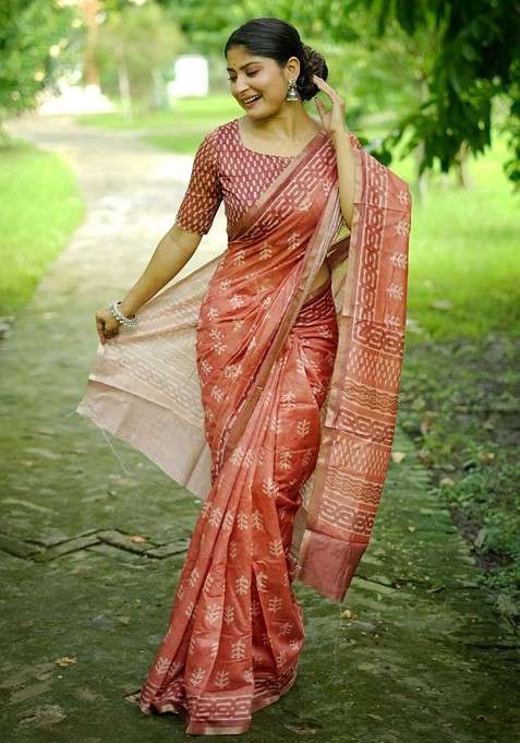 Orange Blended Saree Set with Printed for Diwali | Wedding & Festive Wear