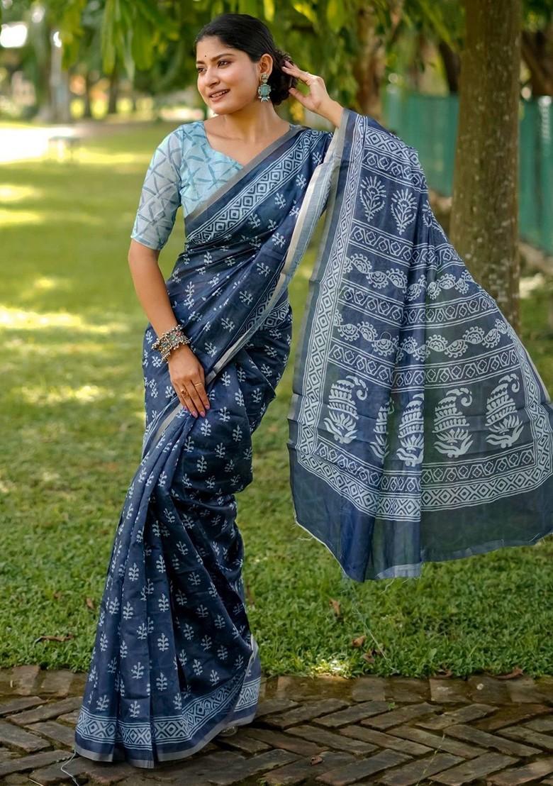 Blue Printed Blended Saree Set - Indya