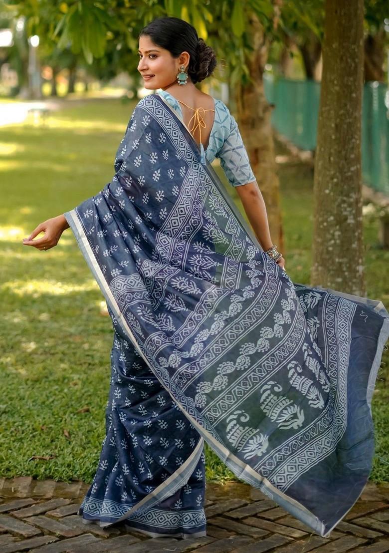 Blue Printed Blended Saree Set - Indya