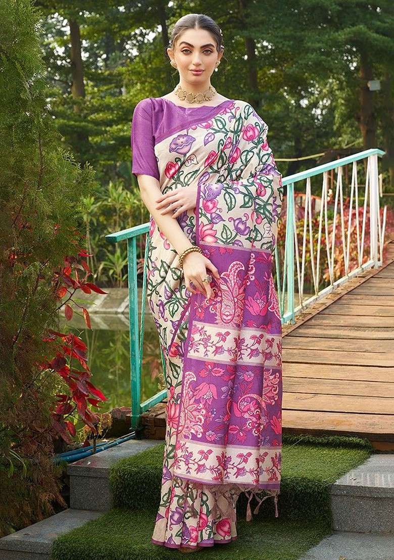 Purple Embroidered Blended Saree Set for Diwali and Festive Wear - Indya