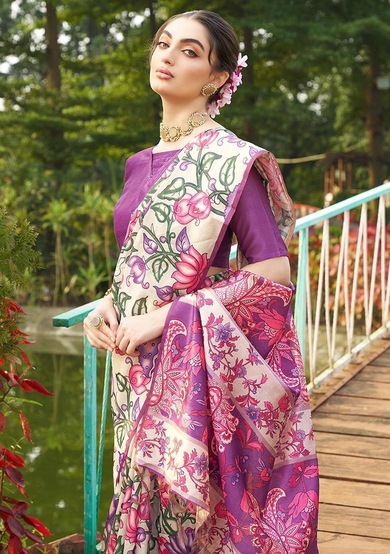 Purple Embroidered Blended Saree Set - Indya