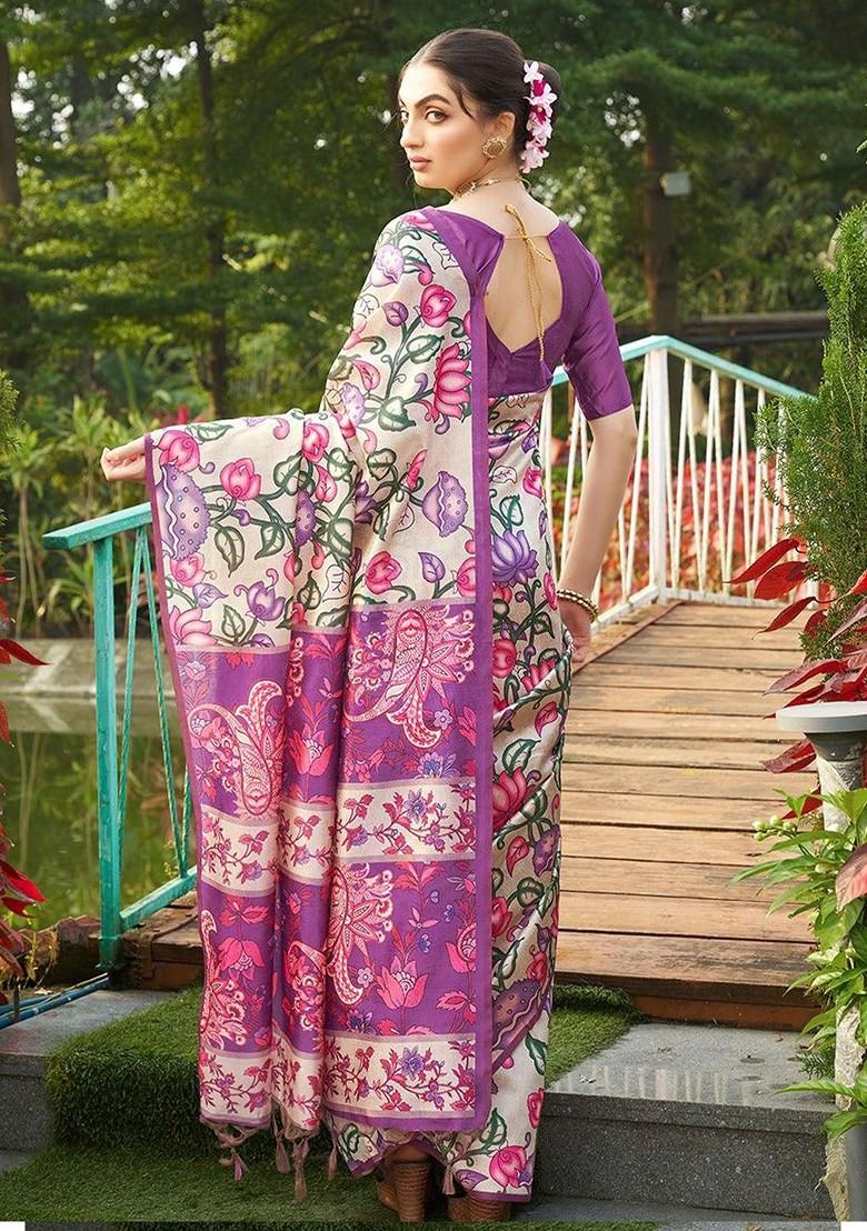 Purple Embroidered Blended Saree Set - Indya
