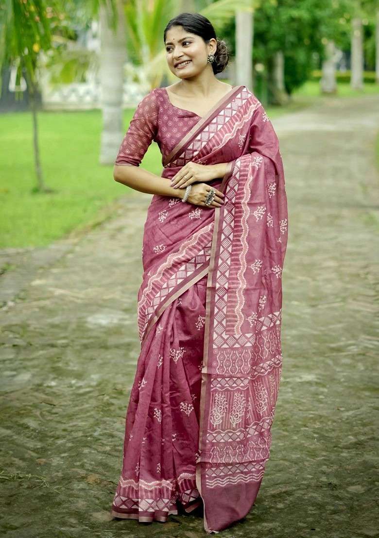 Maroon Printed Blended Saree Set for Diwali and Festive Wear - Indya