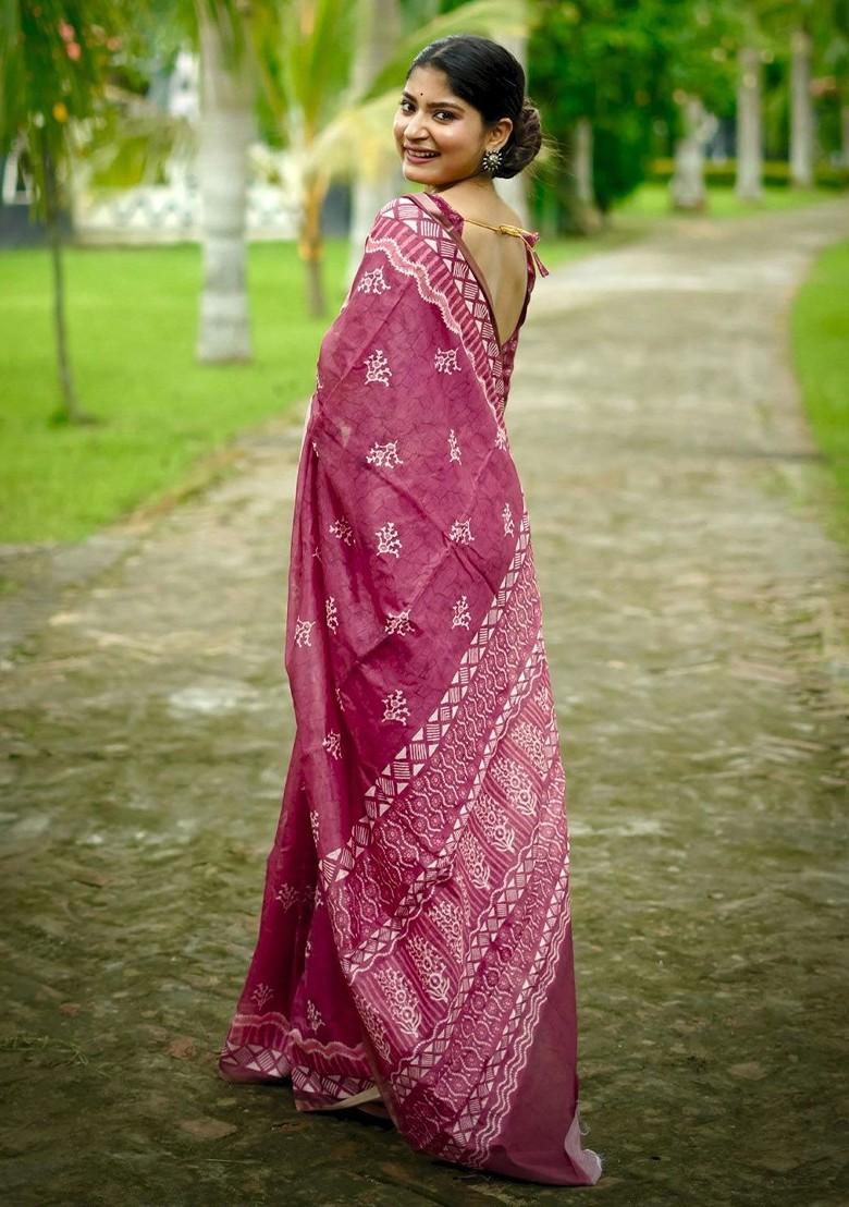 Maroon Printed Blended Saree Set - Indya