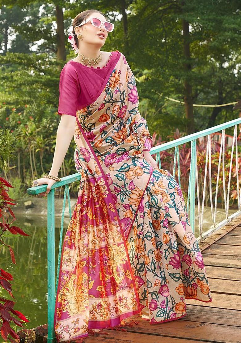Pink Embroidered Blended Saree Set - Indya