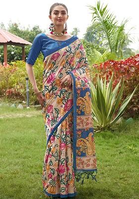 Blue Embroidered Blended Saree Set