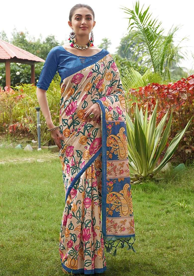 Blue Embroidered Blended Saree Set for Diwali and Festive Wear - Indya