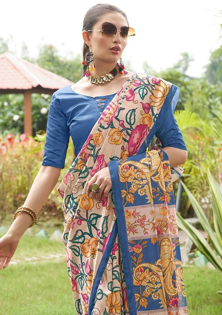 Blue Embroidered Blended Saree Set - Indya