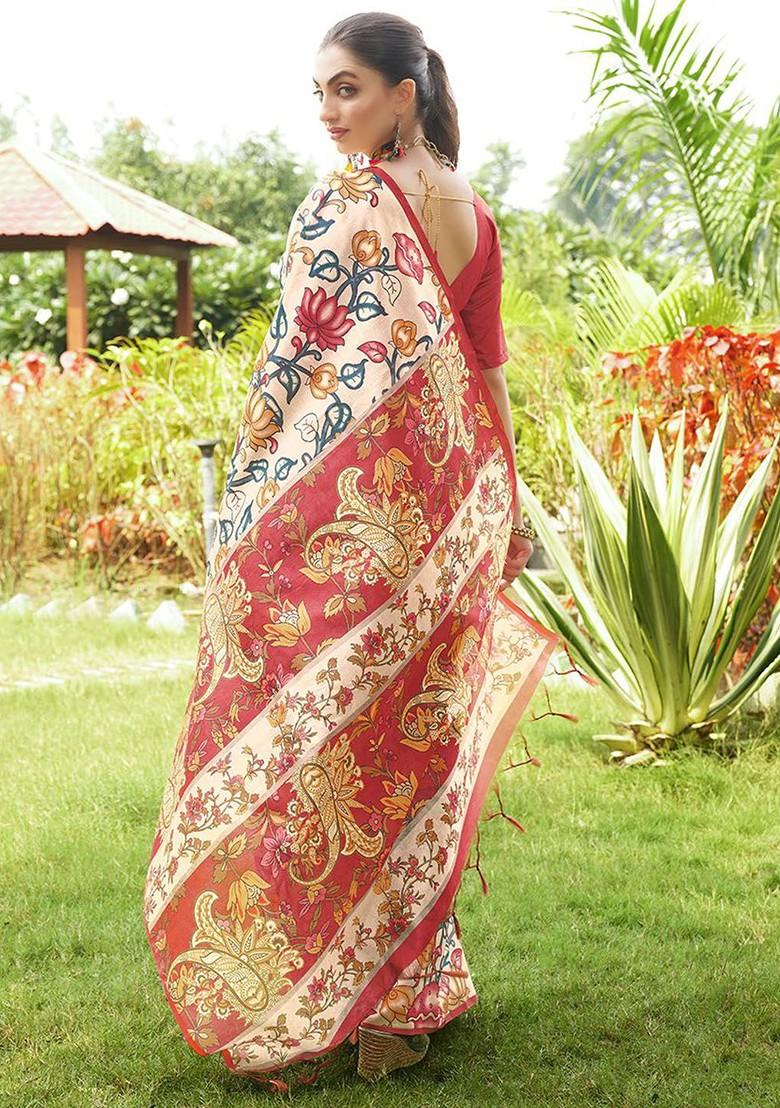 Red Embroidered Blended Saree Set - Indya