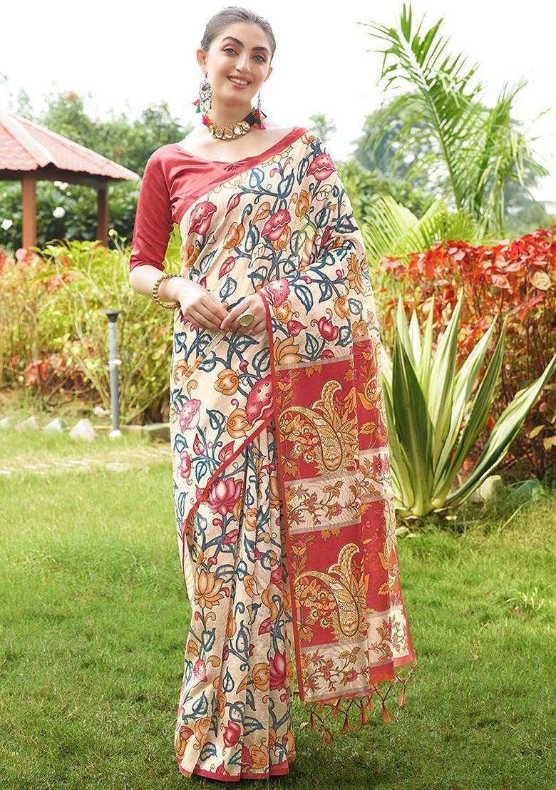 Red Embroidered Blended Saree Set - Indya