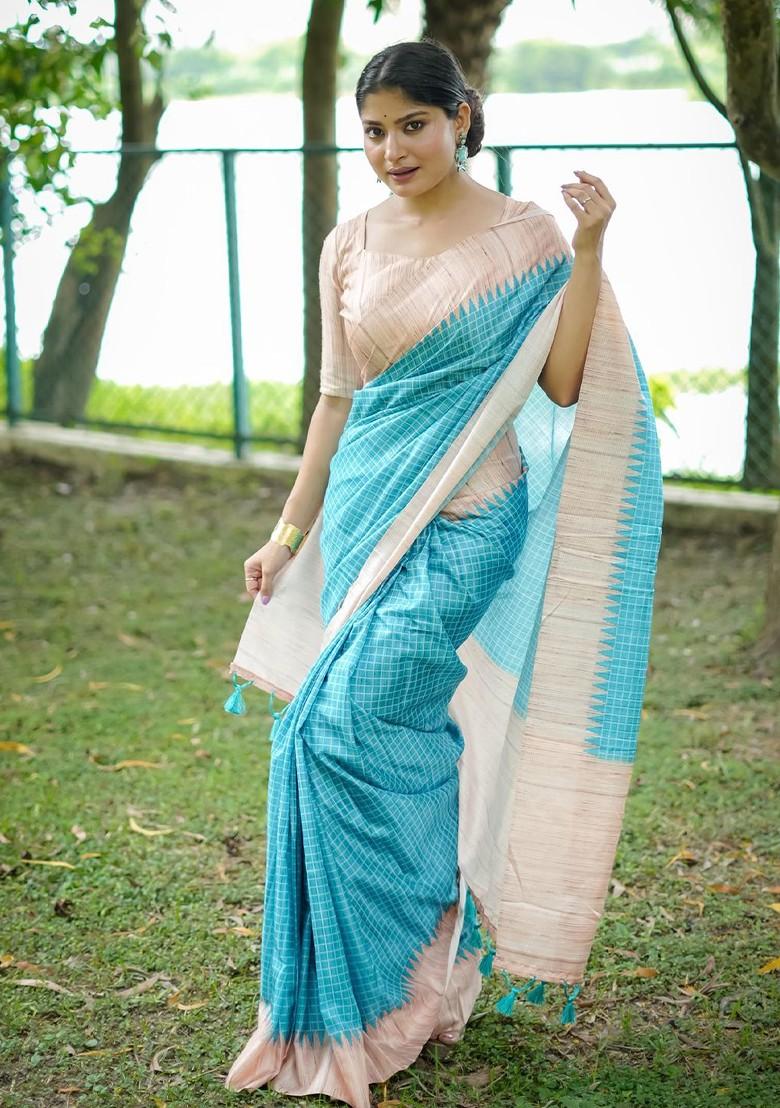 Blue Printed Blended Saree Set - Indya