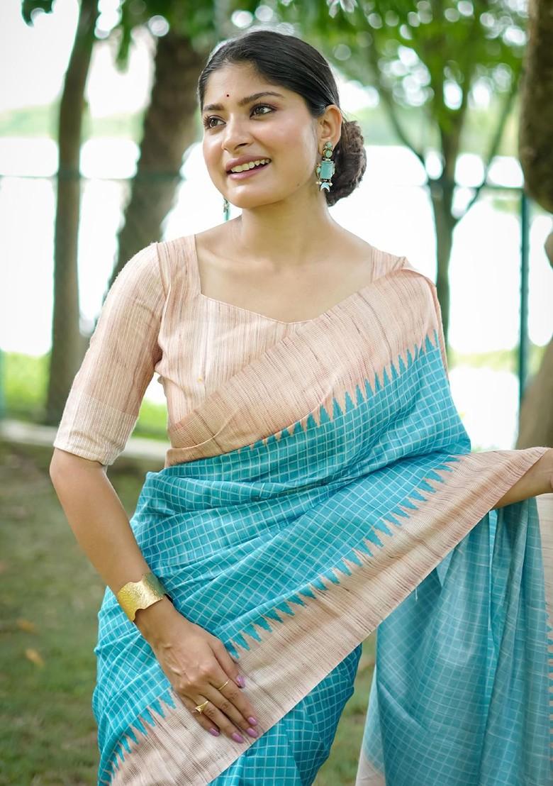 Blue Printed Blended Saree Set - Indya