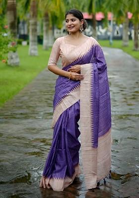 Purple Embroidered Blended Saree Set